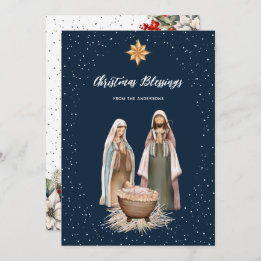 Tarjeta Festiva Blue Nativity Botanical Christian Christmas Card