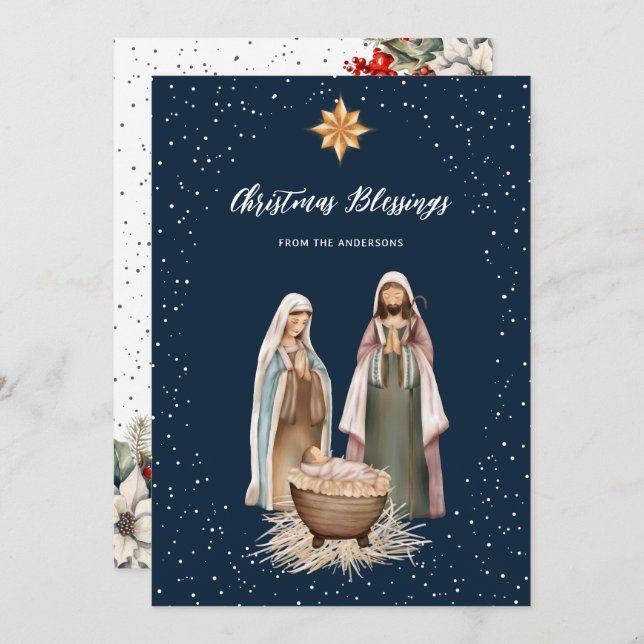Tarjeta Festiva Blue Nativity Botanical Christian Christmas Card (Anverso / Reverso)