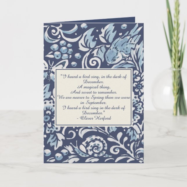 Tarjeta Festiva Blue, Navidades blancos Bird Winter Poem Delft Nom (Anverso)