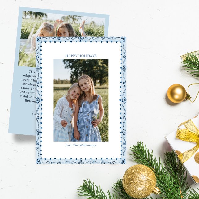 Tarjeta Festiva Blue Painted Folk Floral Border Christmas Photo (Subido por el creador)