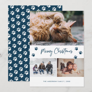 Tarjeta Festiva Blue Paw Print 3 Collage de fotos Meowy Navidades