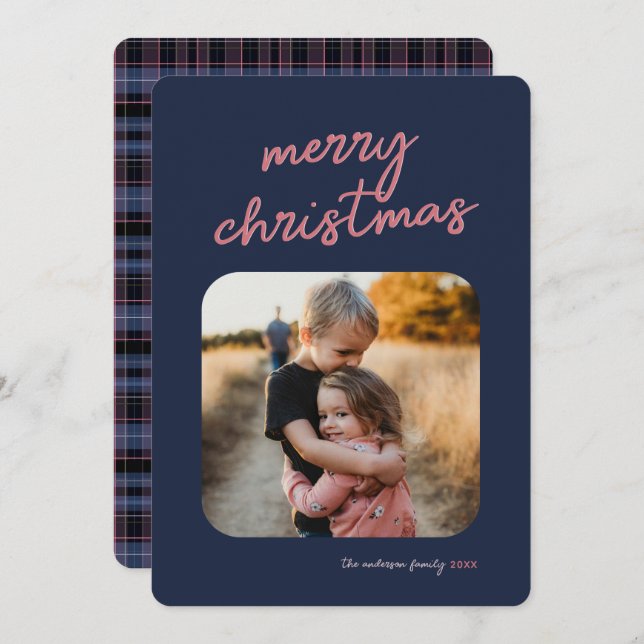 Tarjeta Festiva Blue Pink Plaid 1-Photo Merry Christmas Script (Anverso / Reverso)