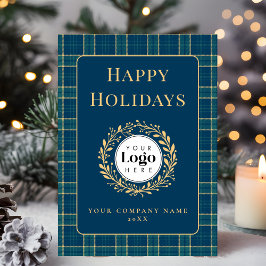 Tarjeta Festiva Blue Plaid Business Logo Holiday Thank You Card