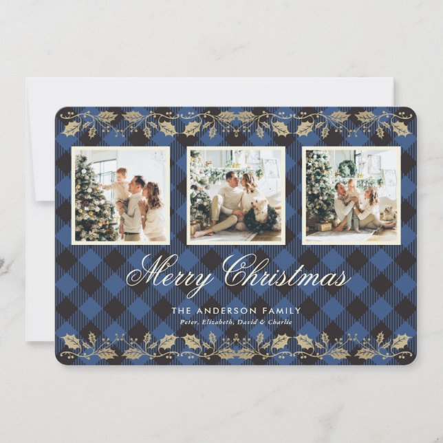 Tarjeta Festiva Blue Plaid Gold Holly 3 Photo Merry Christmas Card (Anverso)