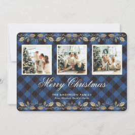 Tarjeta Festiva Blue Plaid Gold Holly 3 Photo Merry Christmas Card