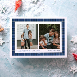Tarjeta Festiva Blue Plaid Happiest Holidays Double Photo