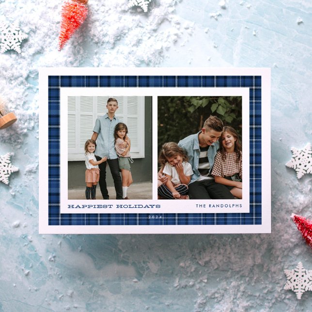 Tarjeta Festiva Blue Plaid Happiest Holidays Double Photo (Subido por el creador)