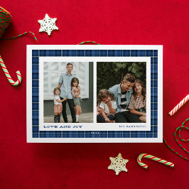 Tarjeta Festiva Blue Plaid Love and Joy Double Photo