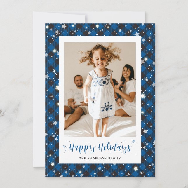 Tarjeta Festiva Blue Plaid Photo Happy Holidays Card (Anverso)