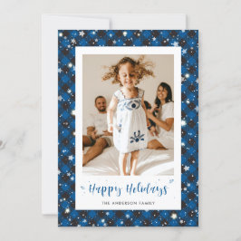 Tarjeta Festiva Blue Plaid Photo Happy Holidays Card