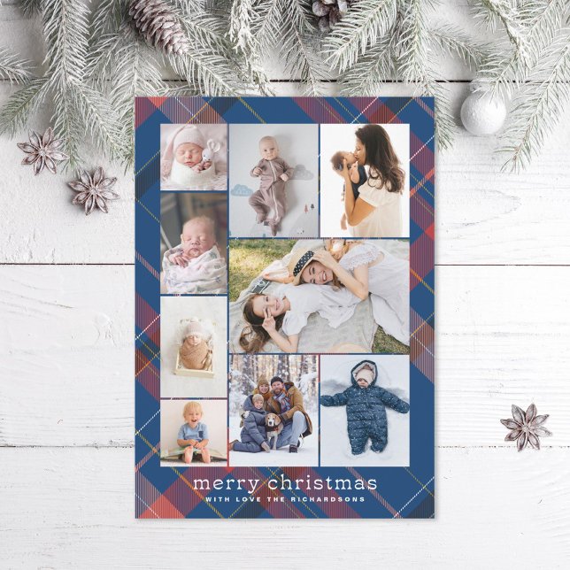Tarjeta Festiva Blue Plaid Retro Merry Christmas Collage Photo (Subido por el creador)