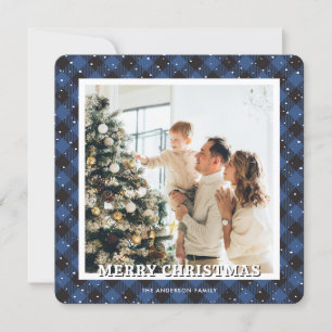 Tarjeta Festiva Blue Plaid Snow Foto de la nieve Merry Christmas C