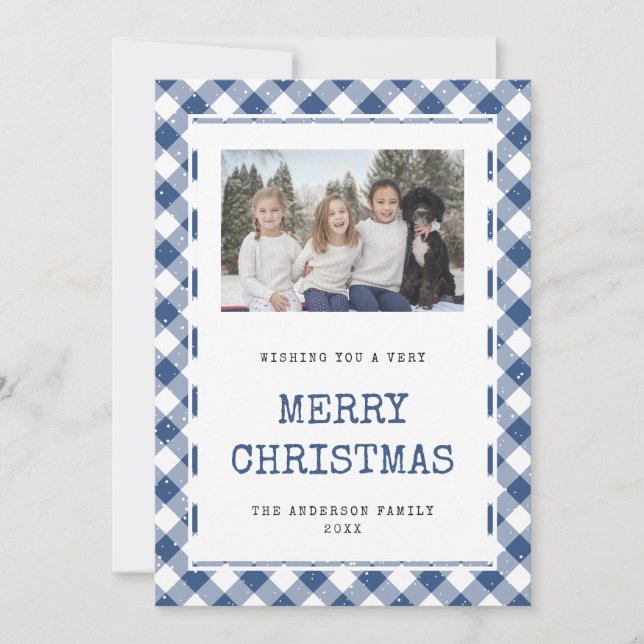 Tarjeta Festiva Blue Plaid Snow Foto de la nieve Merry Christmas C (Anverso)