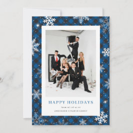 Tarjeta Festiva Blue Plaid Snowflake Photo Corporate Business