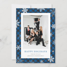Tarjeta Festiva Blue Plaid Snowflake Photo Corporate Business