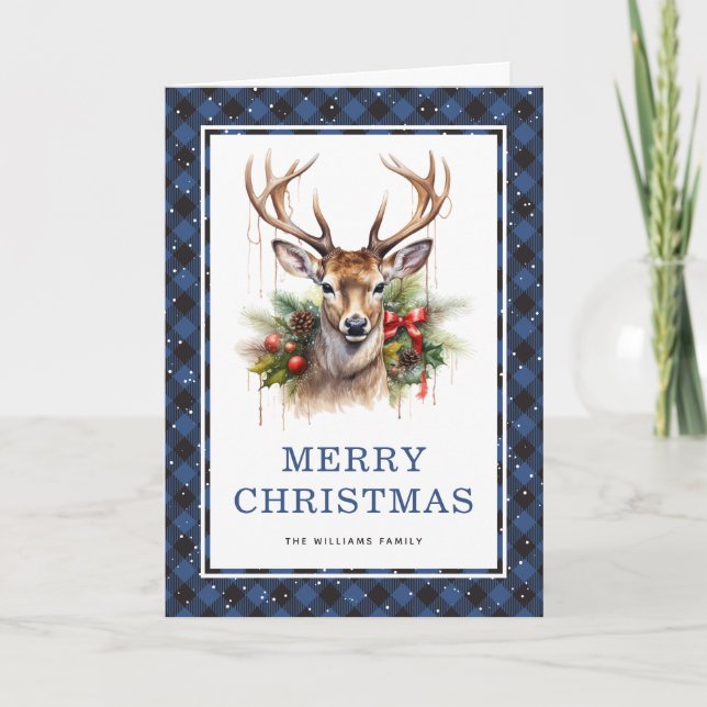 Tarjeta Festiva Blue Plaid Watercolor Deer Merry Christmas Photo (Anverso)