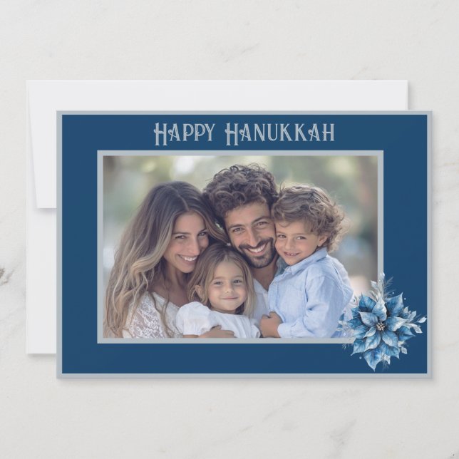 Tarjeta Festiva Blue Poinsettia Photo Flat Holiday Card (Anverso)