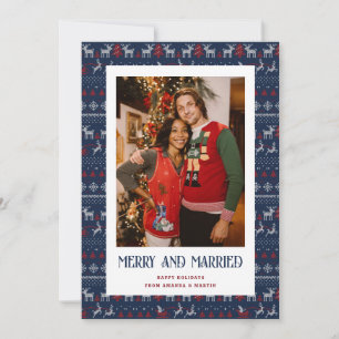 Tarjeta Festiva Blue Red Ugly Sweater Merry and Married Photo