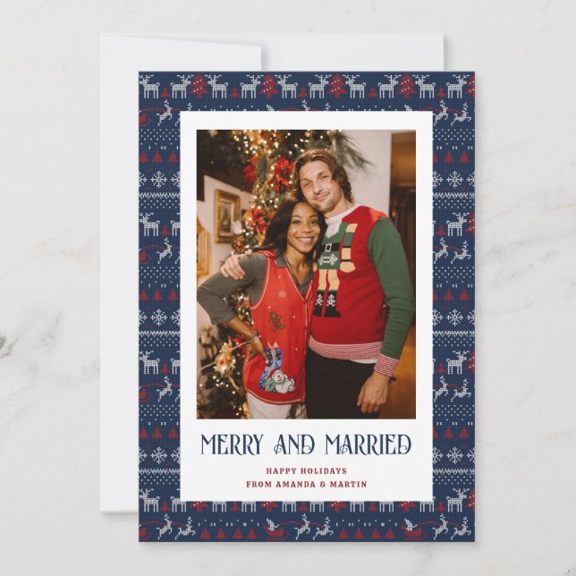 Tarjeta Festiva Blue Red Ugly Sweater Merry and Married Photo (Anverso)