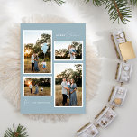 Tarjeta Festiva Blue Retro Boho Minimalista Cuatro Collages de fot<br><div class="desc">El diseño de esta tarjeta azul retro Boho Minimalista de cuatro Collages de fotos de vacaciones presenta un suave y fresco fondo de azul polvoriento con un elegante emparejamiento de tipografía simple y escritura delicada que ofrece los saludos de la temporada de "Feliz Navidad". Este encantador estilo minimalista es una...</div>