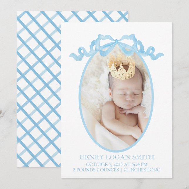 Tarjeta Festiva Blue Ribbon Bow Watercolor Gingham Baby Boy (Anverso / Reverso)