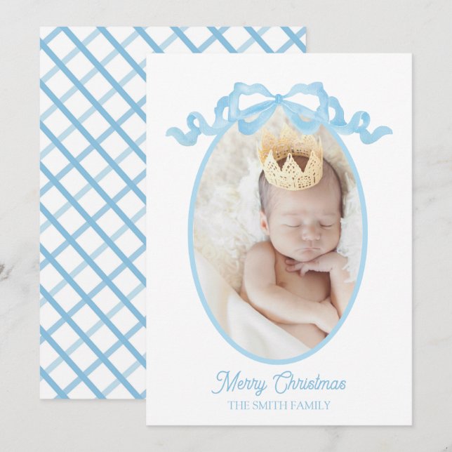 Tarjeta Festiva Blue Ribbon Watercolor Baby Holiday Card (Anverso / Reverso)
