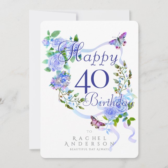 Tarjeta Festiva Blue Rose Ribbon 40th Birthday (Anverso)