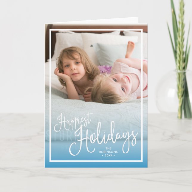Tarjeta Festiva Blue Script Fappiest Holiday Photo (Anverso)