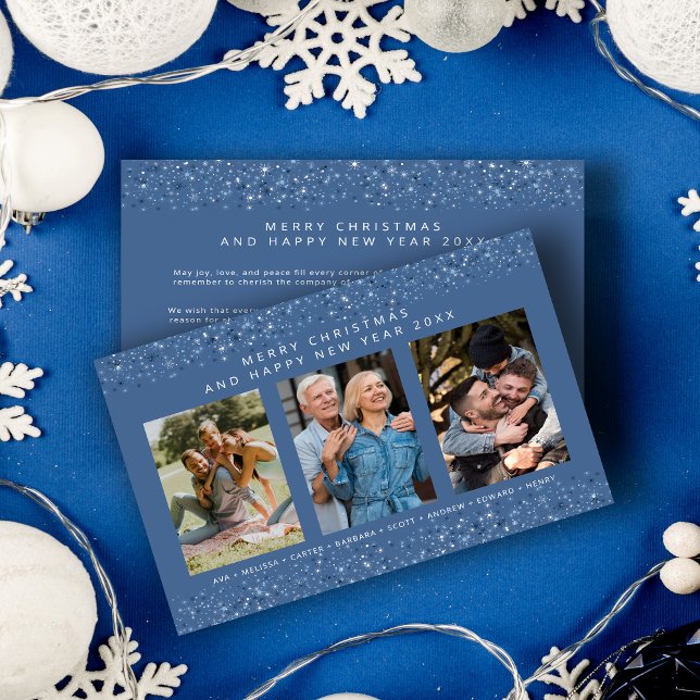 Tarjeta Festiva Blue Shades Snowflakes Christmas Stylish Collage (Blue Shades Snowflakes Christmas Stylish Collage 3 Photos Family Holiday Card with Envelope. )