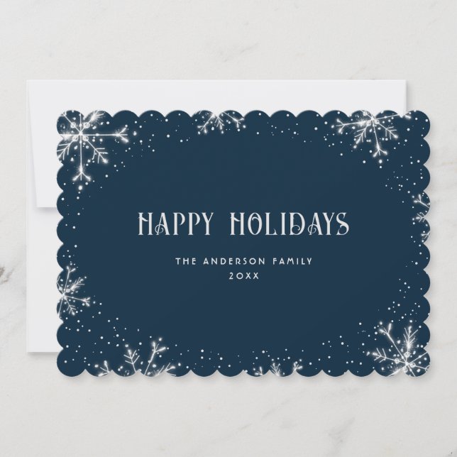 Tarjeta Festiva Blue Silver Snowflake Nieve Happy Holidays Card (Anverso)