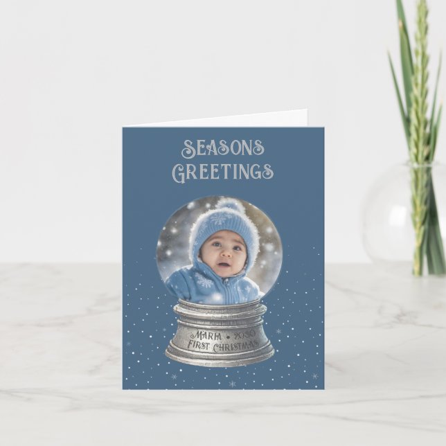 Tarjeta Festiva Blue Snow Globe Photo Flat Holiday Card (Anverso)