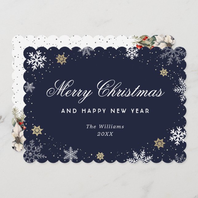 Tarjeta Festiva Blue Snowflake Watercolor Botanical  (Anverso / Reverso)