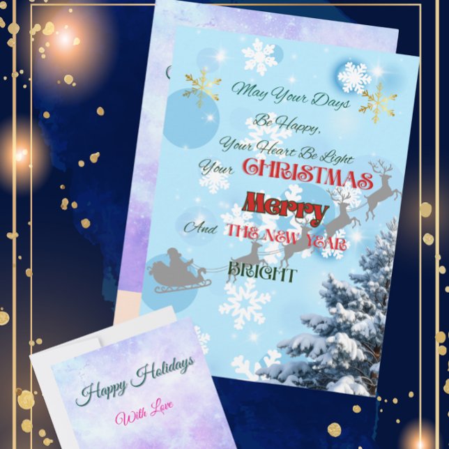 Tarjeta Festiva Blue Snowflakes, reindeer silhouettes, winter nigh (Whimsical Instant Downloadable Family Greeting Card.)