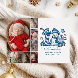 Tarjeta Festiva Blue Snowman 5 Photo First Christmas<br><div class="desc">Celebre la primera temporada de vacaciones de su pequeño hijo con este alegre diseño de invierno con un número de manitas azules, adorables muñecos de nieve, y dulces y regalos dispersos. Personalizar con la foto de su bebé y los detalles de su nacimiento para crear un recuerdo que le traiga...</div>