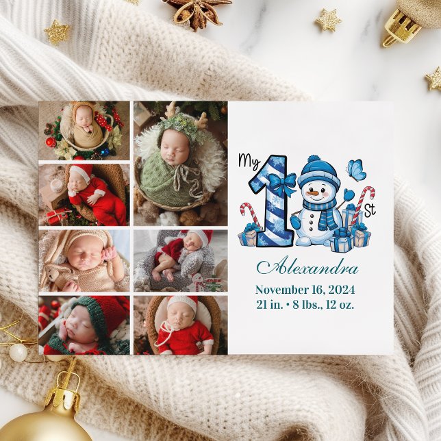 Tarjeta Festiva Blue Snowman 7 Photo First Christmas (Subido por el creador)
