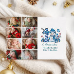 Tarjeta Festiva Blue Snowman 8 Photo First Christmas<br><div class="desc">Celebre la primera temporada de vacaciones de su pequeño hijo con este alegre diseño de invierno con un número de manitas azules, adorables muñecos de nieve, y dulces y regalos dispersos. Personalizar con la foto de su bebé y los detalles de su nacimiento para crear un recuerdo que le traiga...</div>