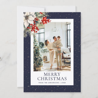 Tarjeta Festiva Blue Starry Botanical Photo Merry Christmas