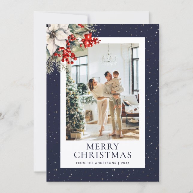 Tarjeta Festiva Blue Starry Botanical Photo Merry Christmas (Anverso)