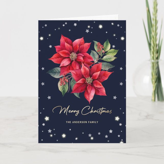 Tarjeta Festiva Blue Starry Floral Photo Merry Christmas Card (Anverso)