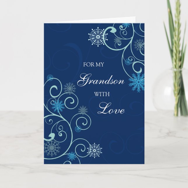 Tarjeta Festiva Blue Swirls Grandson Merry Christmas Card (Anverso)