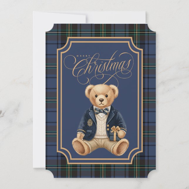 Tarjeta Festiva Blue Tartan Plaid | Christmas Teddy Bear (Anverso)