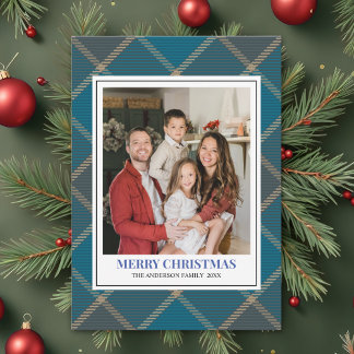 Tarjeta Festiva Blue Tartan Plaid with Christmas Family Photo