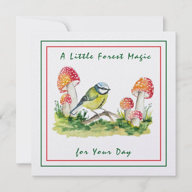 Tarjeta Festiva Blue Tit and Fly Agaric Watercolor (Anverso)