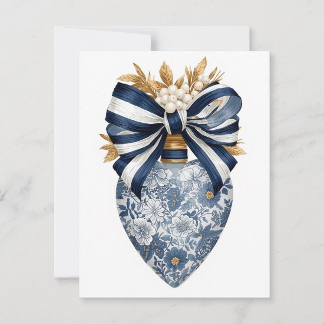 Tarjeta Festiva Blue Toile Floral Heart Navy Stripe Bow (Anverso)
