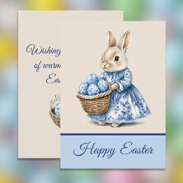 Tarjeta Festiva Blue Toile Mother Rabbit n Basket of Easter Eggs  