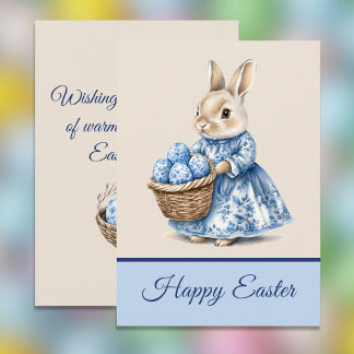 Tarjeta Festiva Blue Toile Mother Rabbit n Basket of Easter Eggs  
