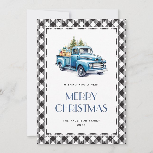 Tarjeta Festiva Blue Truck Black White Plaid Merry Christmas Card (Anverso)