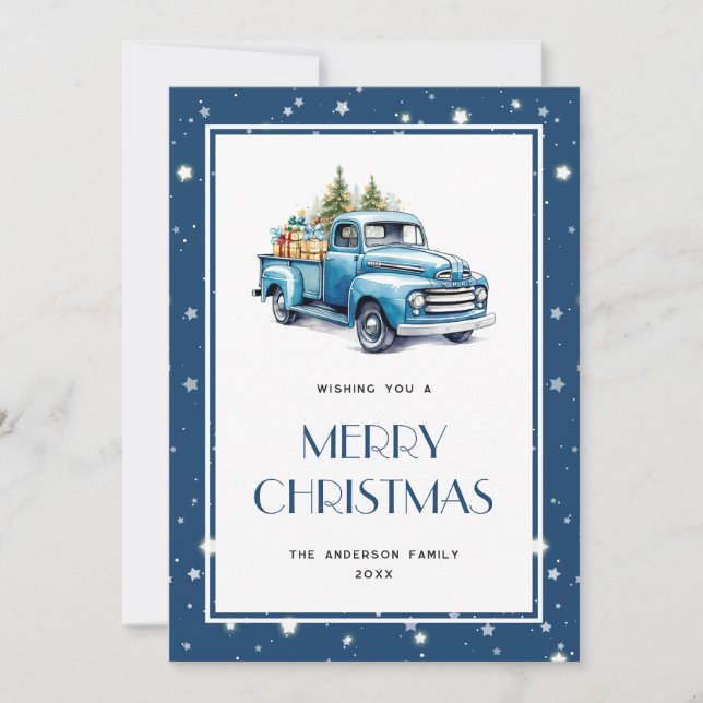 Tarjeta Festiva Blue Truck Tree Snow Stars Merry Christmas Card (Anverso)
