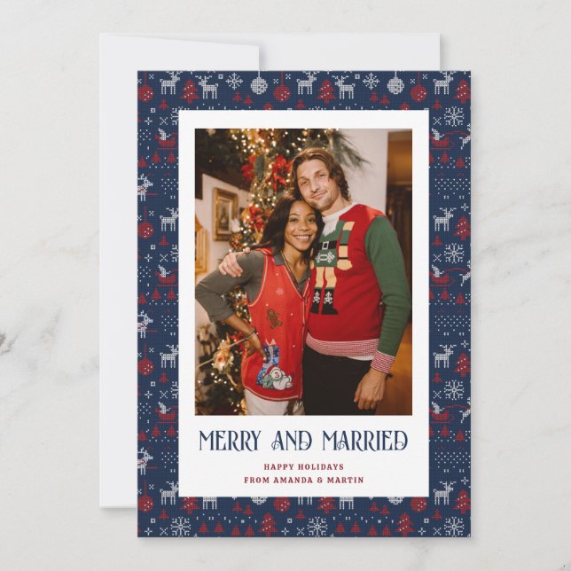 Tarjeta Festiva Blue Ugly Sweater Casado y Fotos de merry (Anverso)