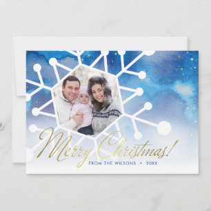 Tarjeta Festiva Blue Watercolor Gold Script Merry Christmas Photo